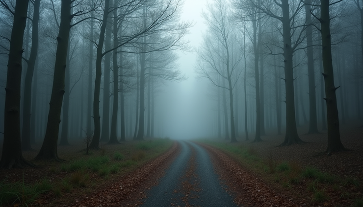 Eye-level view of a winding forest path disappearing into mist