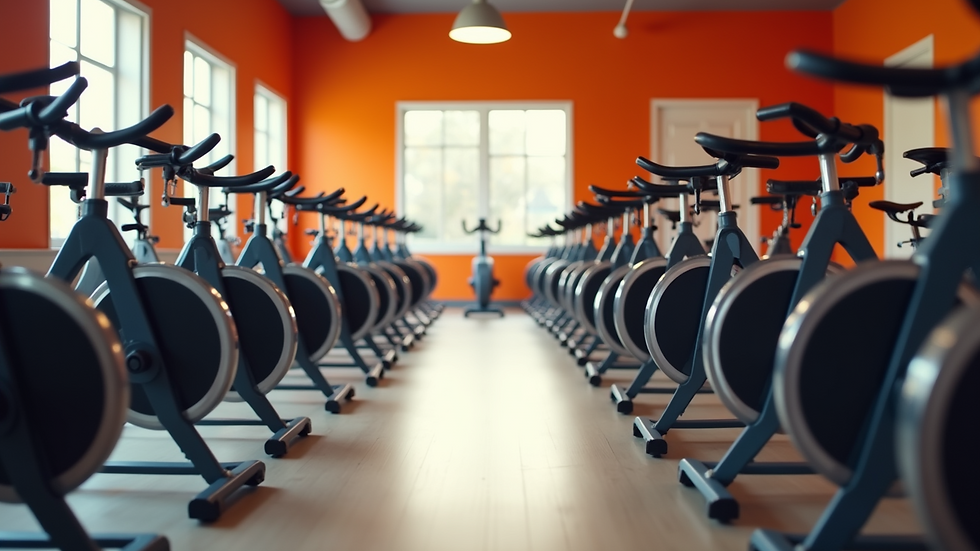 Eye-level view of a vibrant indoor cycling studio with bikes ready for a class