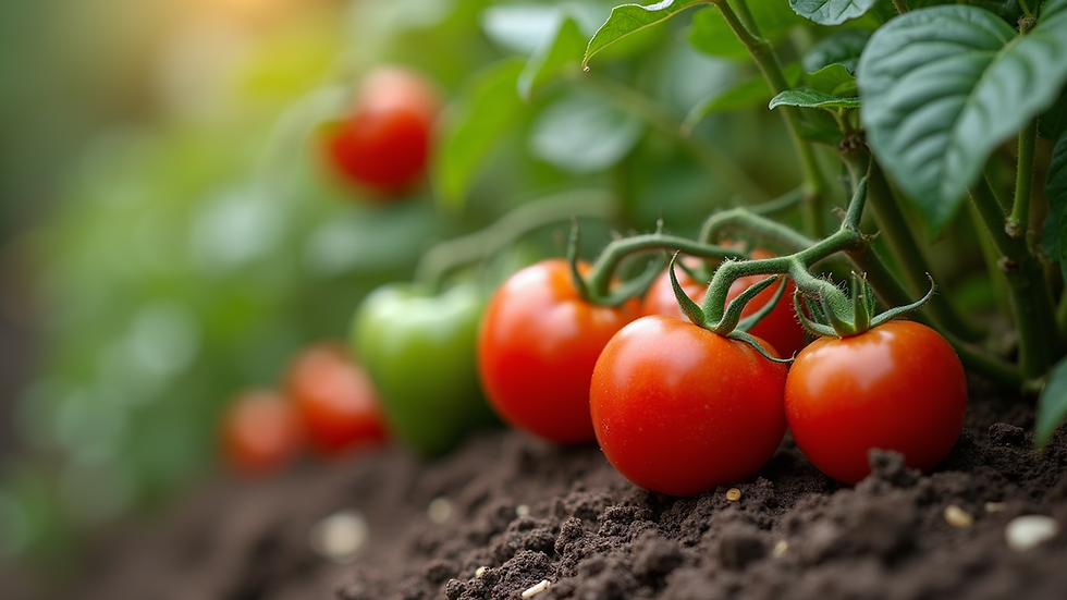 Close-up view of a flourishing vegetable garden with tomatoes and peppers