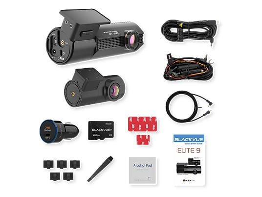 Miniature : Contenu de la boîte de la dashcam BlackVue Elite 8-2CH avec caméra avant, caméra arrière, câbles et carte mémoire.