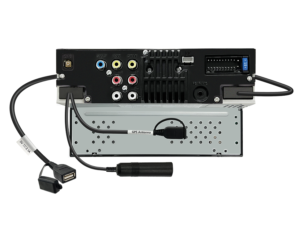 Miniature : Connectique arrière autoradio JVC KW-M695DBW avec sorties RCA, prise antenne DAB+ et câblage ISO