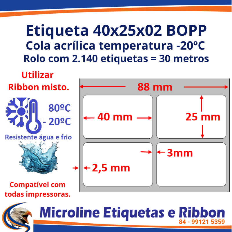 10 Rolos =Etiqueta 40x25x02 BOPP cola acrílica