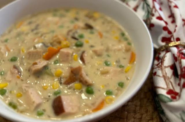 Warm up with a bowl of creamy turkey and wild rice soup.