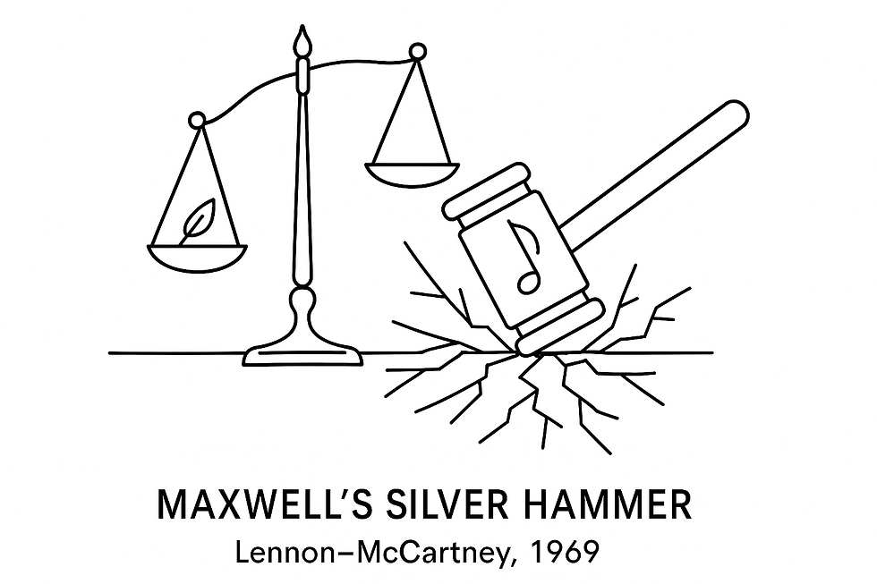 Simple black ink drawing of scales of justice tipping dangerously to one side, with a gavel creating cracks in the ground, suggesting how rigid enforcement can destroy balance