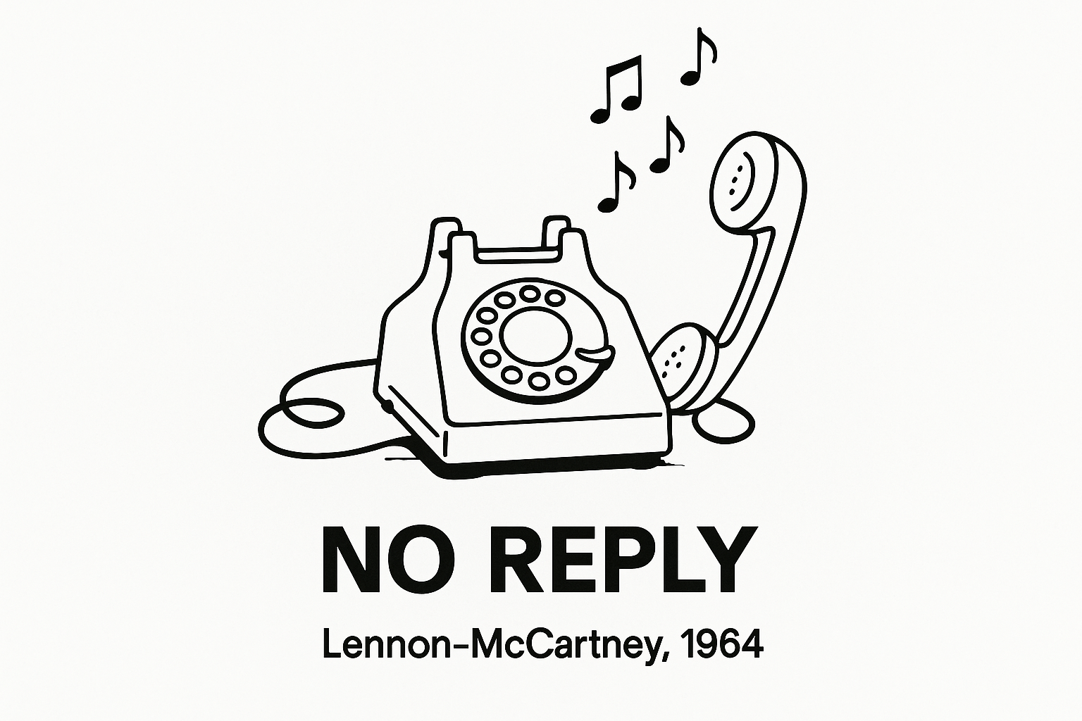 Simple black ink drawing of a vintage rotary phone with musical notes floating away, suggesting unanswered calls and lost connection.