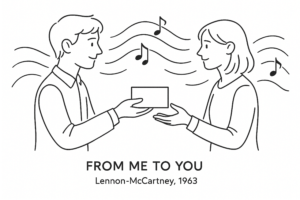 Line art of a smiling man and woman exchanging a gift with musical notes swirling around them. Captures the spirit of giving and connection in “From Me to You.”