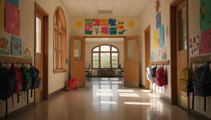 Wide-angle view of a quiet school hallway with classroom doors ready for students.