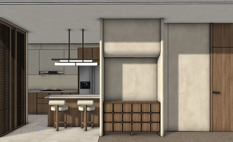 Modern kitchen with bar stools and geometric cabinetry.