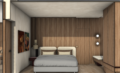 Modern bedroom with wood accents and decorative wall.