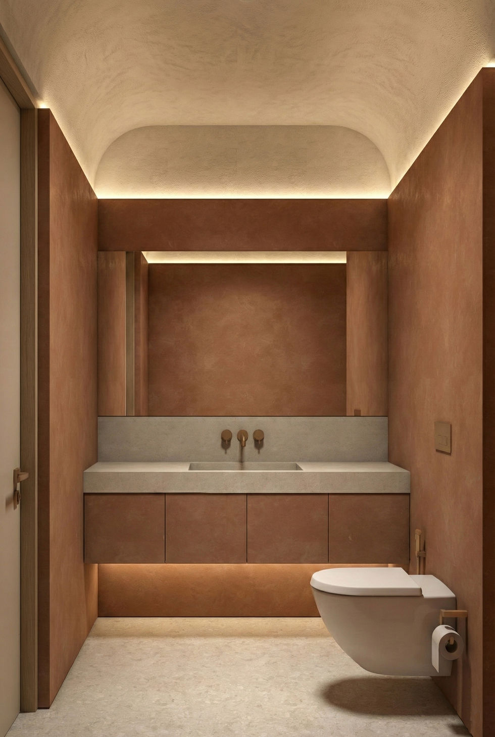 Modern bathroom with warm lighting and minimalist design.