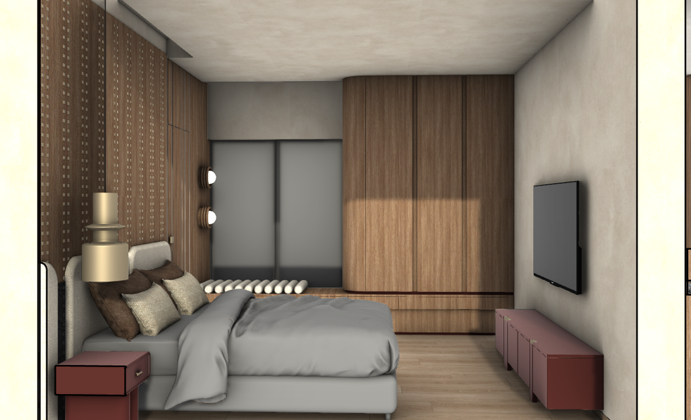 Modern bedroom with wooden accents and large bed.