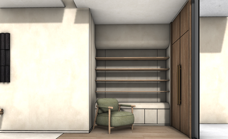 Minimalist room with green chair and wooden shelves.