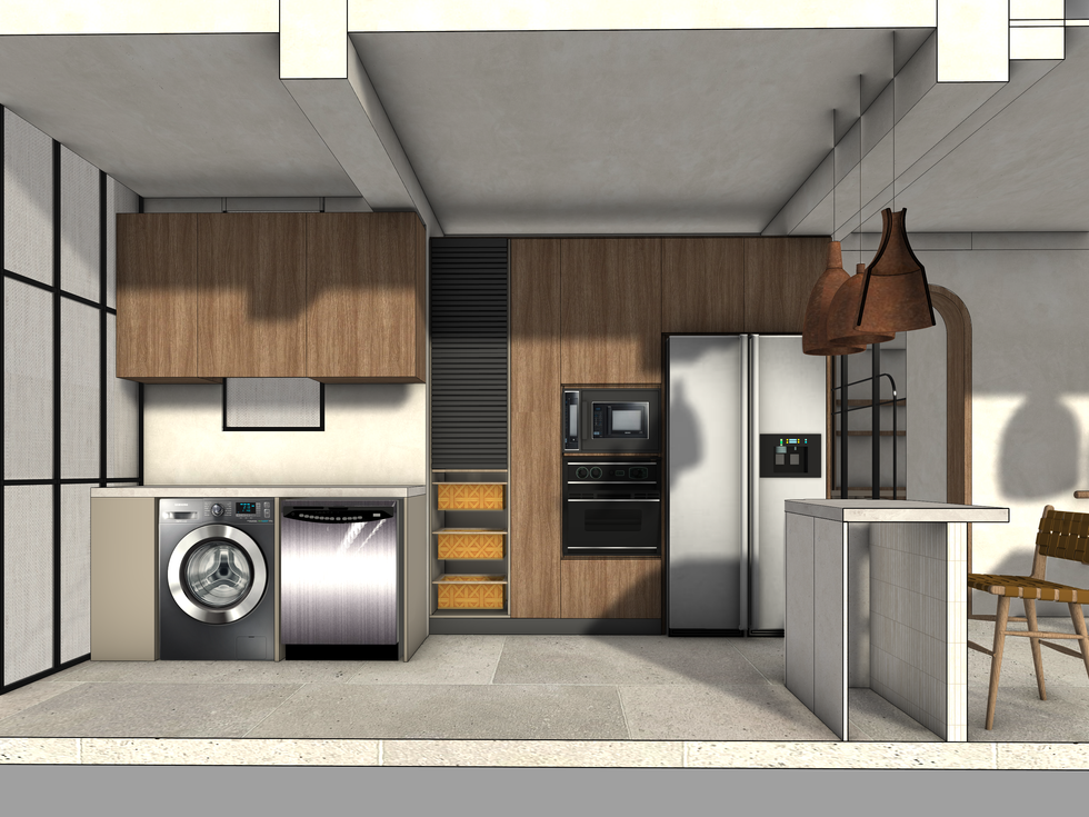 Modern kitchen with appliances and wooden cabinetry.