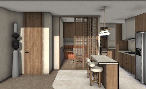 Modern kitchen with wooden accents and bar stools.