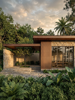 modern farmhouse design with large windows and minimalist landscaping.