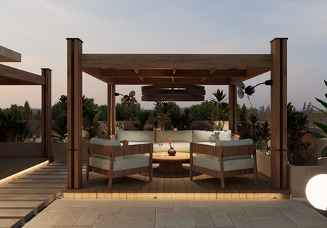 Modern outdoor seating area with wooden pergola.