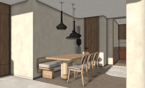 Modern dining area with wooden table and chairs.