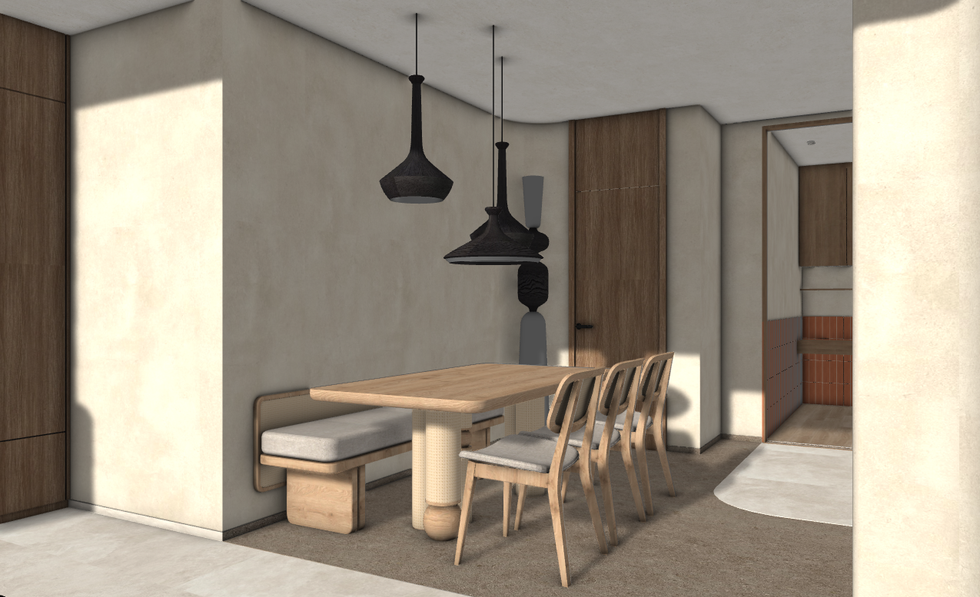 Modern dining area with wooden table and chairs.