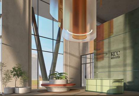 Modern university interior with large windows and contemporary design.