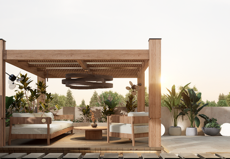 Modern outdoor lounge with wooden furniture and plants.