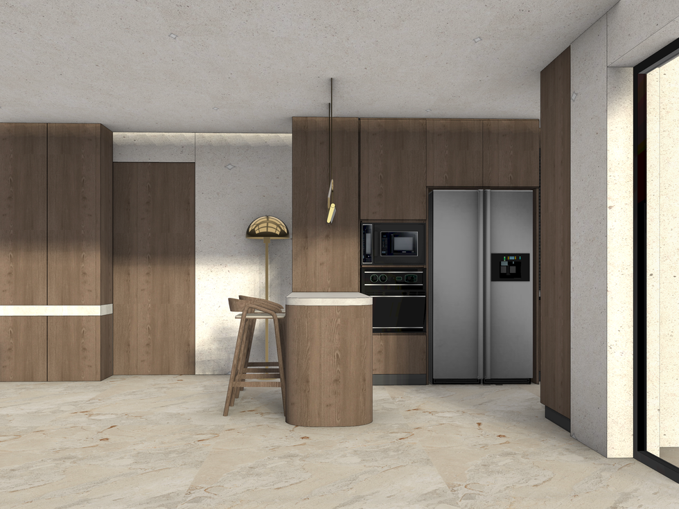 Modern kitchen with wood cabinets and stainless steel appliances.