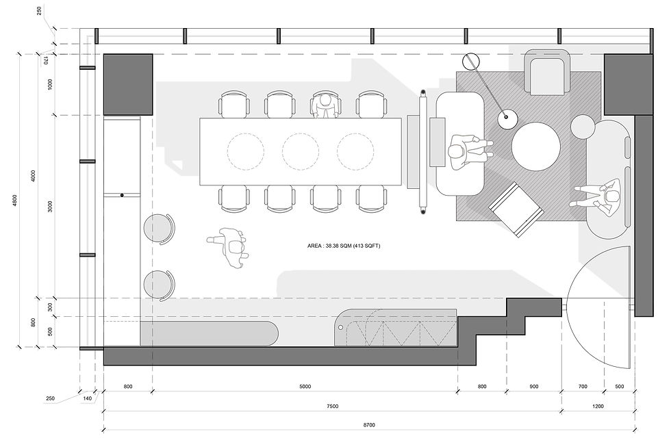 Floor plan of a room showing a conference table with chairs, lounge area with sofas, and dimensions marked. Area: 38.38 SQM (413 SQFT).