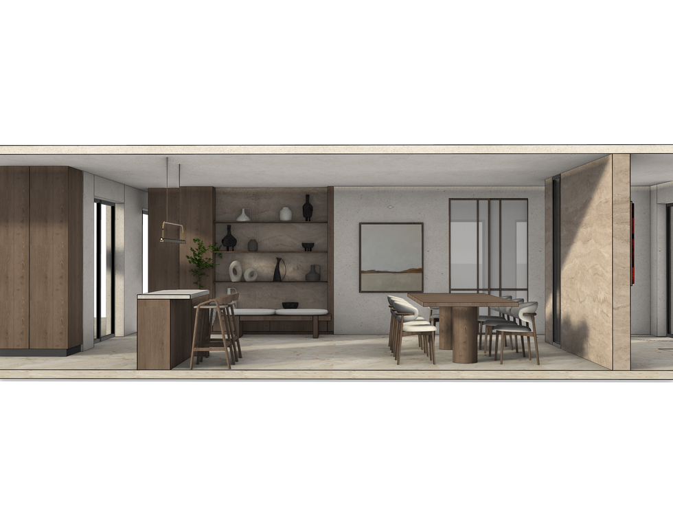 Modern minimalist interior with dining and living areas.