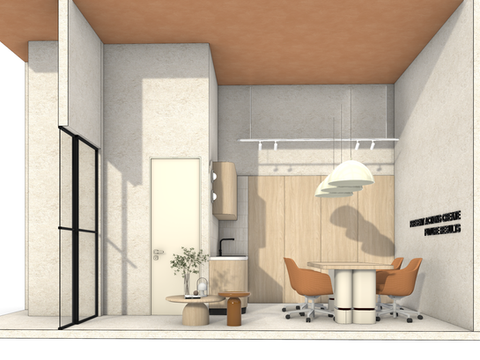 Modern office space with minimalist design and neutral tones.