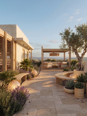 Modern terrace patio with outdoor seating and decorative lighting.