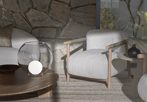 Cozy seating area with stone wall background.