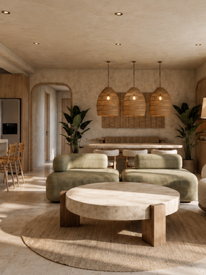 Modern dining room with wicker pendant lights.