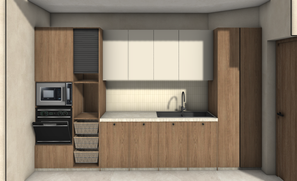 Modern kitchen with wood cabinets and stainless steel appliances.