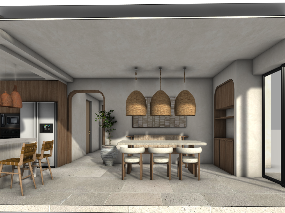 Modern kitchen with wooden accents and pendant lights.