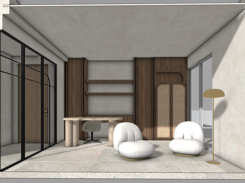 Modern office interior with minimalist furniture.