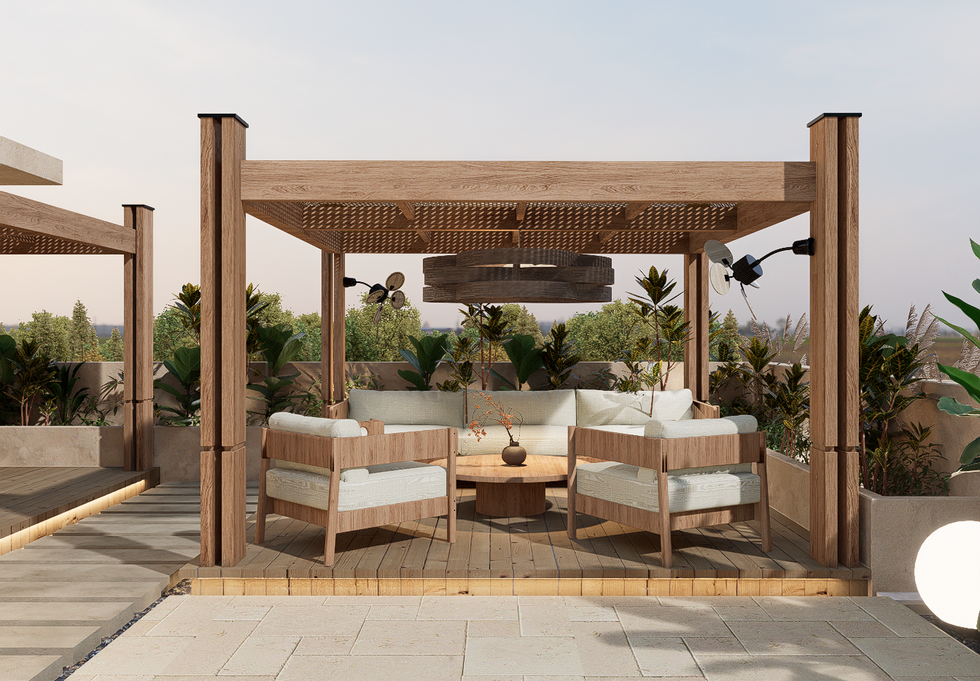 Wooden outdoor seating area with modern furniture.