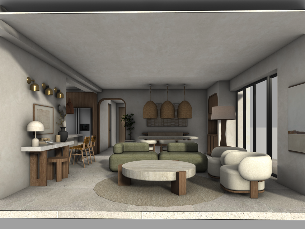 Modern living room with green and beige furniture.