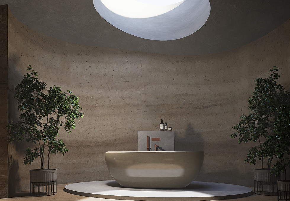 Nature inspired bathroom with a stone tub under a skylight, surrounded by potted plants. Bottles on the ledge. Calm, earthy tones.