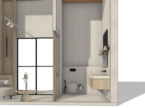 Minimalist bathroom with sink, mirror, and toilet.