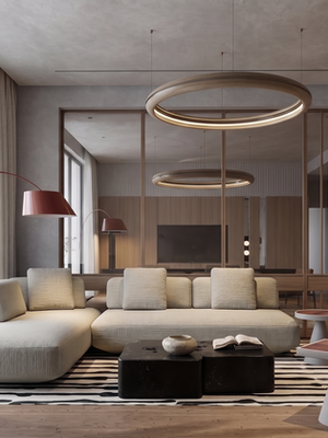 Modern living room with circular light fixture.