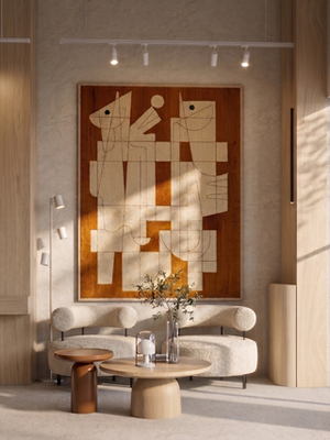 Modern office waiting area with abstract art and large windows.
