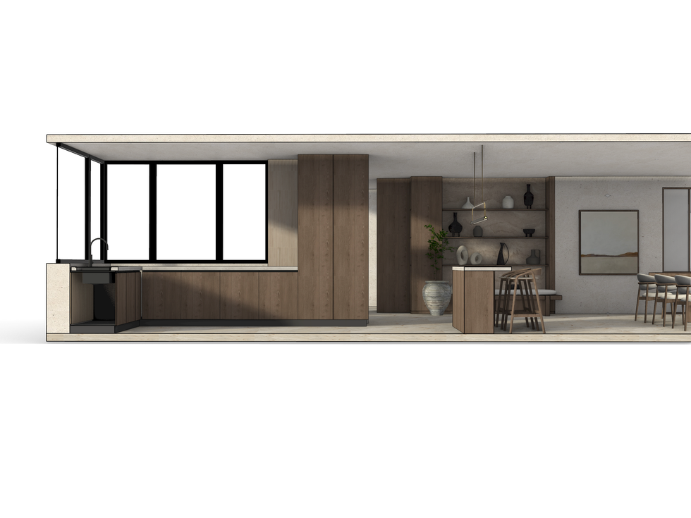 Modern kitchen interior with wooden cabinets and shelves.