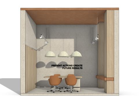 Modern office space with motivational quote on wall.