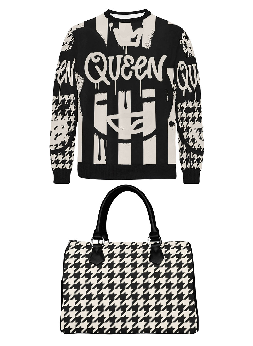 Vauje Black and Cream Queen Striped Houndstooth Sweatshirt Set
