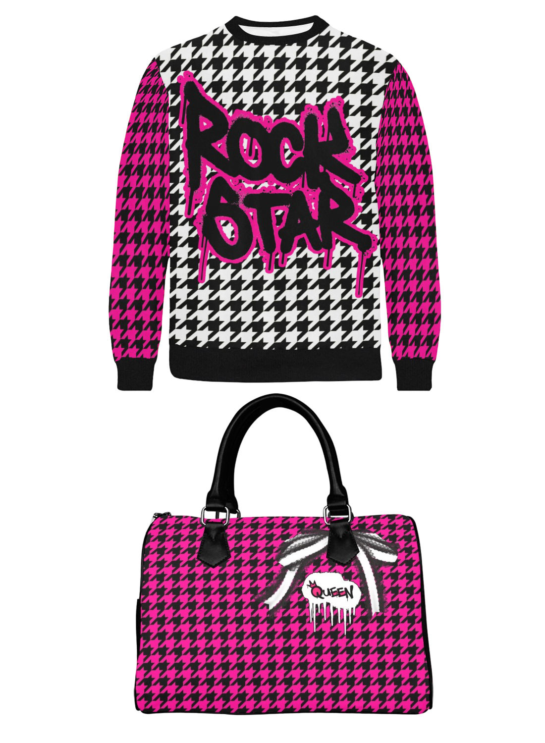 Vauje Pink Black and White Houndstooth Sweatshirt Set