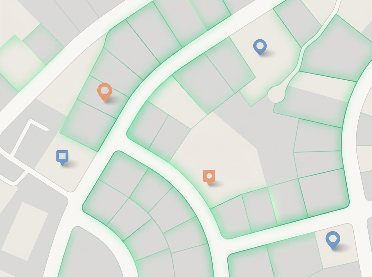 Stylized map of a residential neighborhood with highlighted parcels
