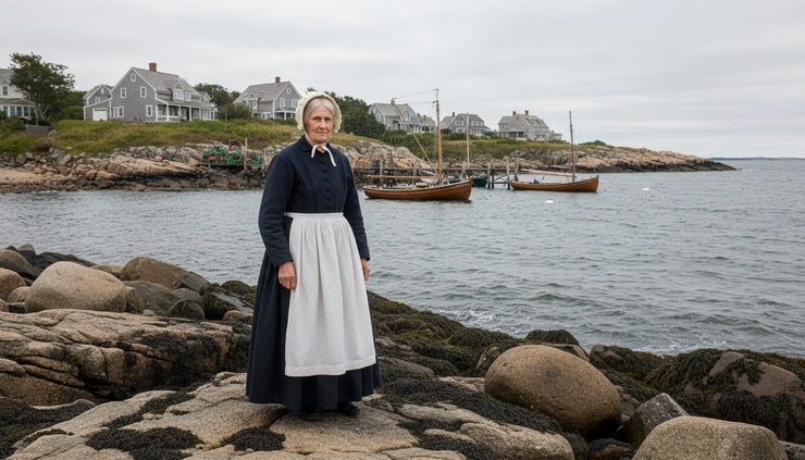 Eye-level view of an elderly woman standing on a rocky New England shoreline.