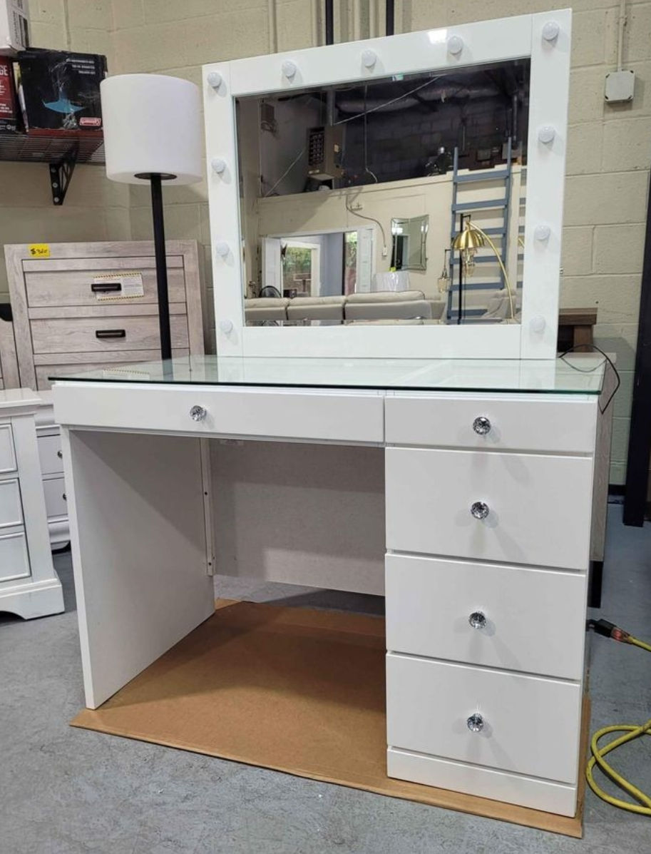 Thumbnail: New 5-Drawer White Makeup Vanity Table with LED Lighted Mirror