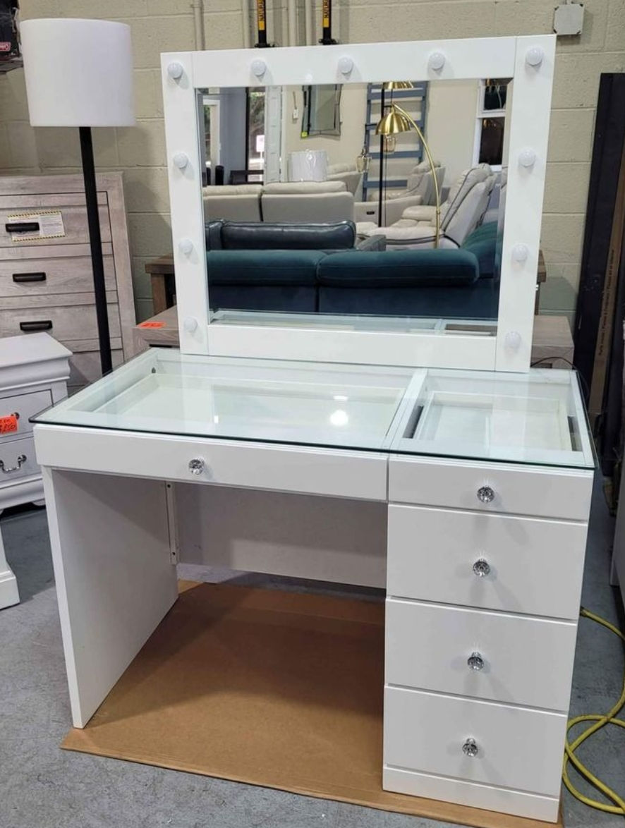 Thumbnail: New 5-Drawer White Makeup Vanity Table with LED Lighted Mirror