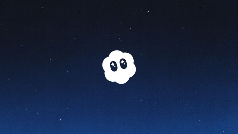 Nube animada con ojos estrellados en el centro de un cielo nocturno estrellado. Fondo azul oscuro. Expresión de sorpresa y curiosidad.