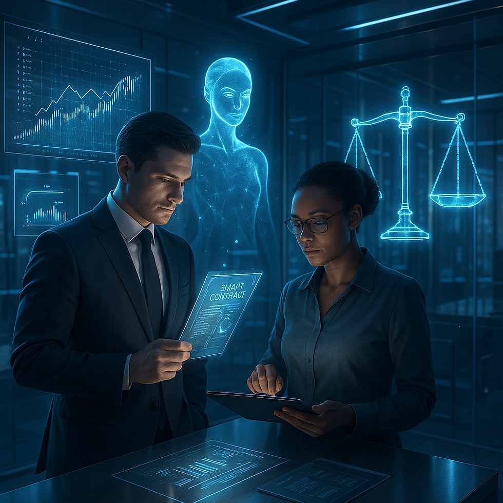 Dos personas analizan contratos inteligentes en un ambiente digital futurista, con hologramas azules de gráficos, balanza y figura humana.